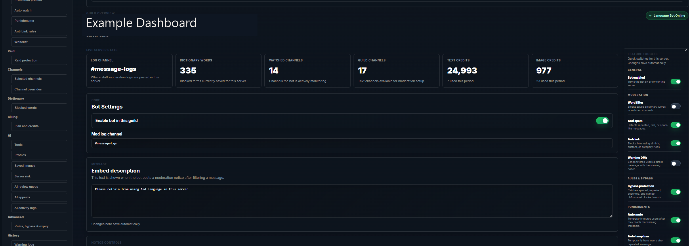 Language Filter dashboard preview